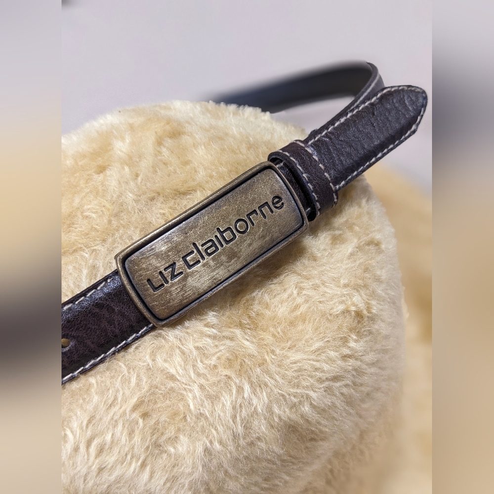 Liz Claiborne Classic Dk Brown Leather Belt With Bronze Logo Buckle-Sz 12